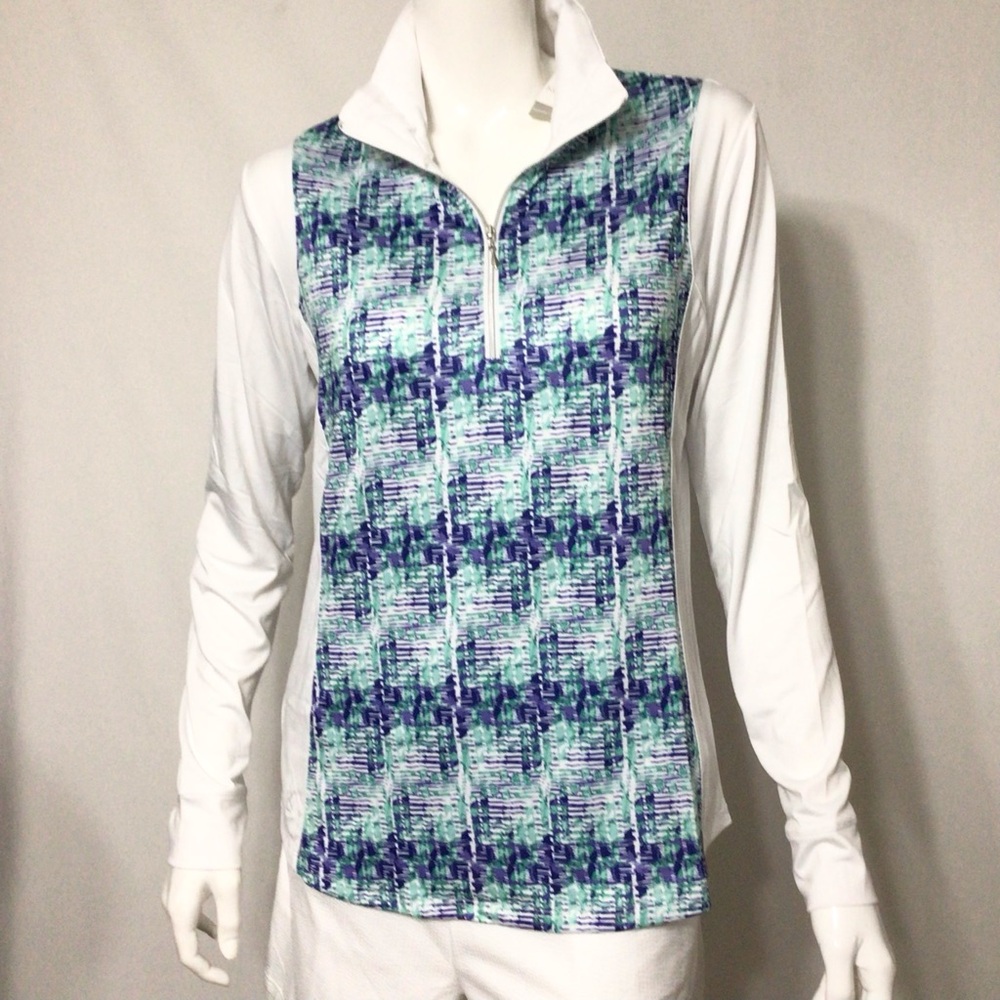 Kate Lord Collection Women's  Golf  Shirt, White Patterned Long Sleeve Top